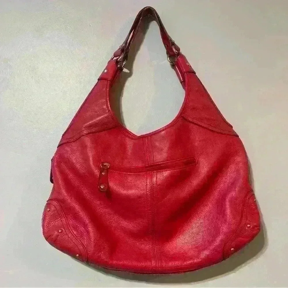 Etienne Aigner Red Genuine Leather Handbag Pockets Zip Around Boho Outdoor